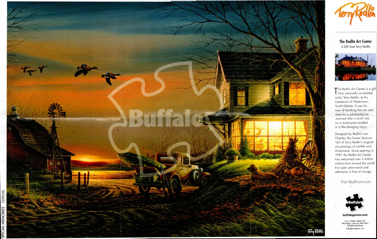 A rural farmhouse and barn during a vibrant sunset with a vintage truck in the foreground.