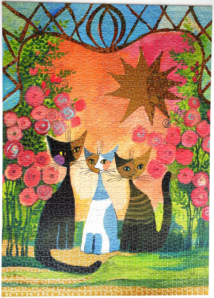 Stylized illustration of three colorful cats sitting in a rose garden at sunset.
