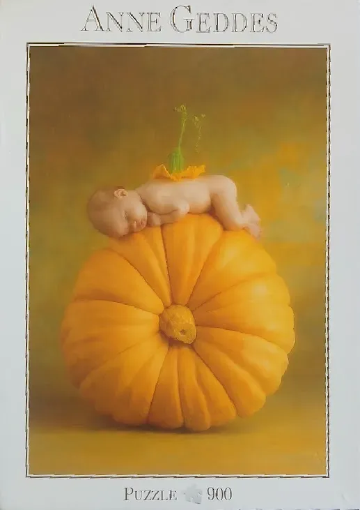 A newborn baby sleeping soundly atop a large, round orange pumpkin against a soft, golden-brown background.
