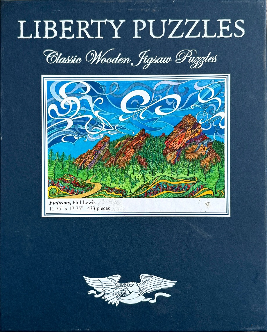Stylized illustration of the Flatirons rock formations under a swirling, abstract blue sky.