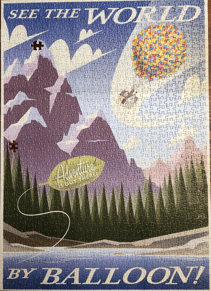 Vintage-style travel poster showing a house carried by colorful balloons over mountains and a forest.