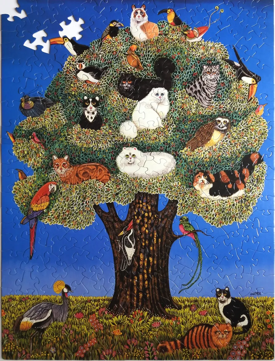 A large tree filled with cats and various birds against a vibrant blue sky.