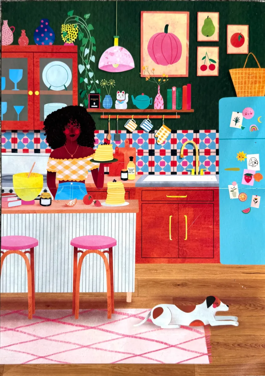 A digital illustration of a woman in a kitchen holding pancakes, with a dog lying on a pink rug in the foreground.
