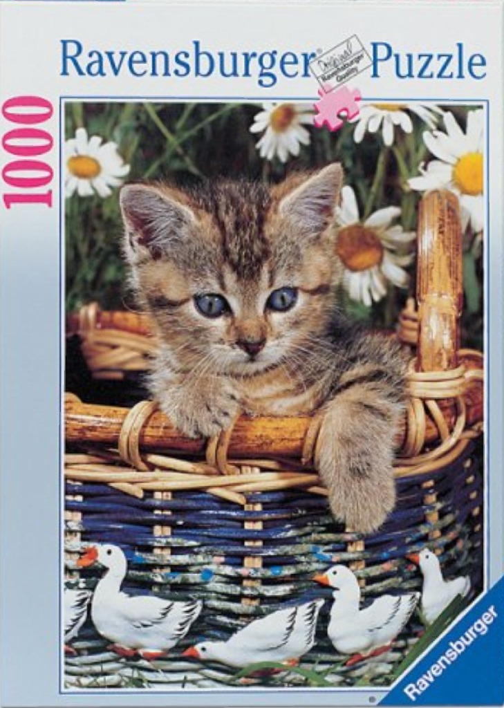 A fluffy tabby kitten peeking out of a woven basket decorated with white geese, surrounded by white daisies.