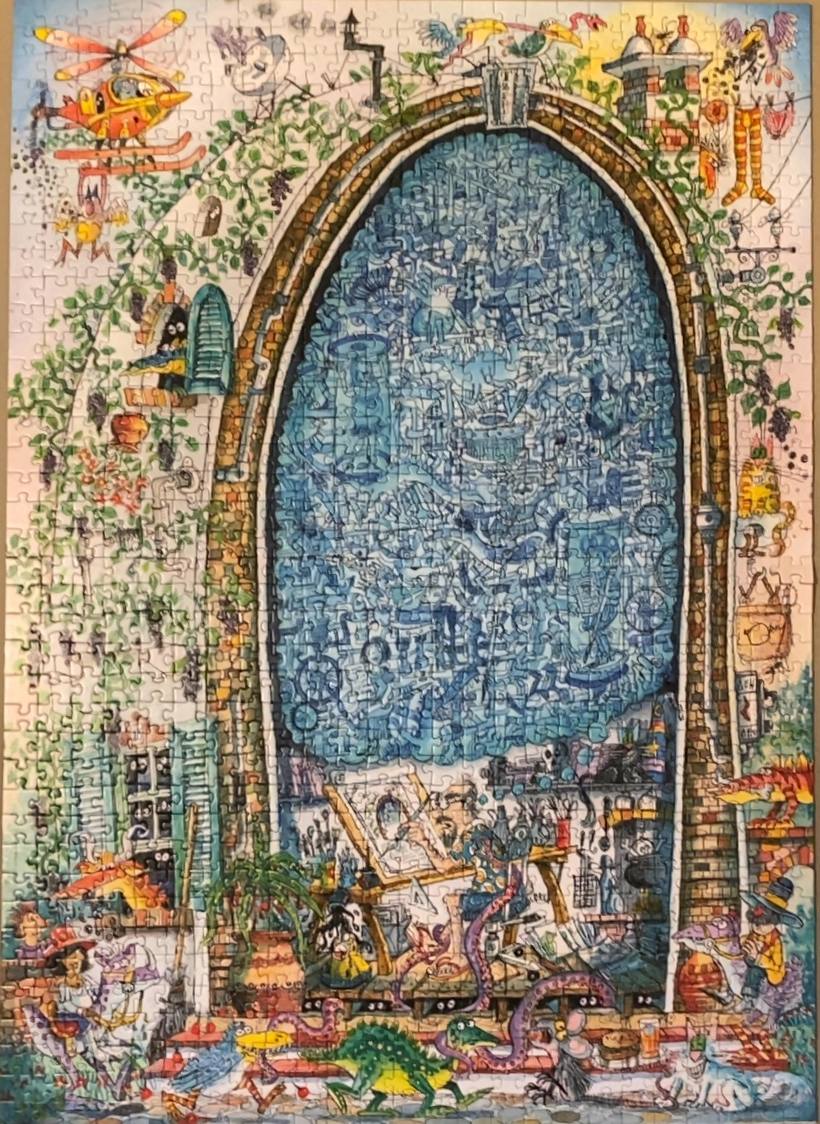 A whimsical illustration of an artist working in a studio framed by a large archway filled with blue line-art sketches.
