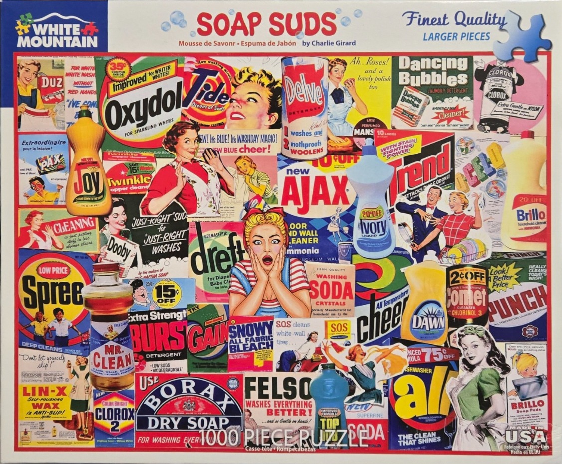 A collage of vintage laundry detergent and soap advertisements featuring retro illustrations and bold typography.