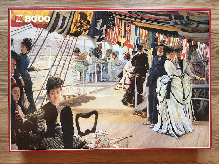 Painting of Victorian-era socialites gathered on the deck of a sailing ship decorated with international flags.