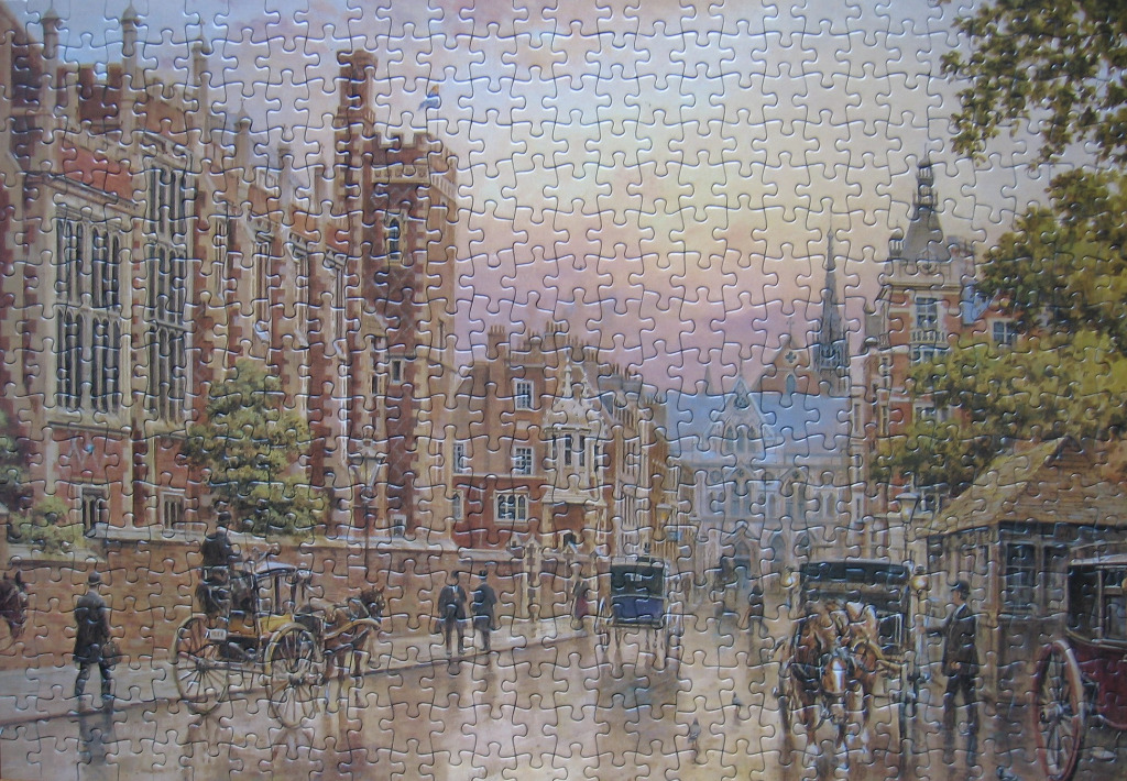 A Victorian-era London street scene featuring red brick buildings, horse-drawn carriages, and figures in top hats.