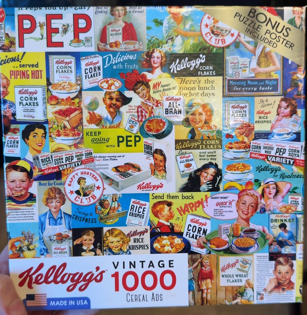 A collage of vintage cereal advertisements and illustrations featuring people, bowls of cereal, and breakfast products.