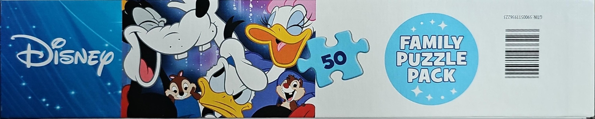 Cartoon characters Goofy, Daisy Duck, Donald Duck, and Chip 'n Dale laughing together against a blue background.