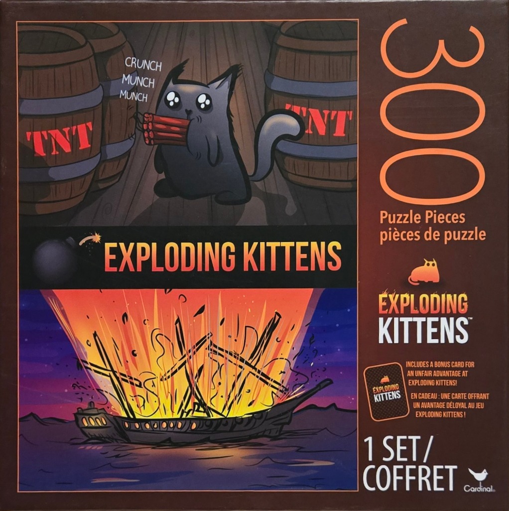 A two-panel illustration featuring a black cat eating dynamite in the top panel and a ship exploding in the bottom panel.