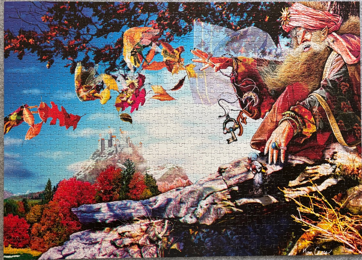 A fantasy illustration of a wizard conjuring autumn leaves and fairies above a mountain landscape.