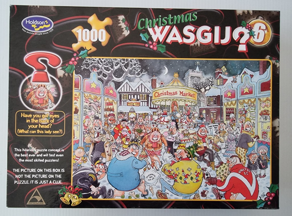 Cartoon illustration of a chaotic Christmas market scene with exaggerated characters.