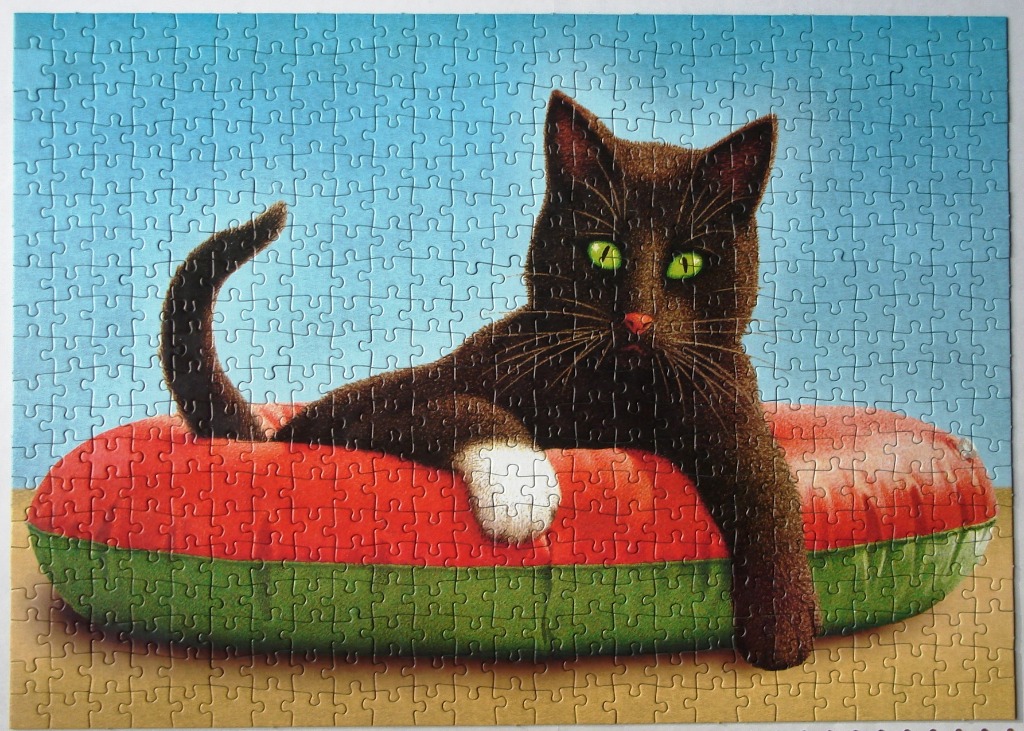 A black cat with green eyes lounging on a red and green donut-shaped pool float against a bright blue sky.