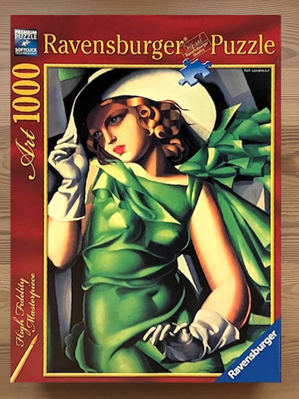 An Art Deco style painting of a glamorous woman in a green dress and white hat, rendered in geometric shapes.