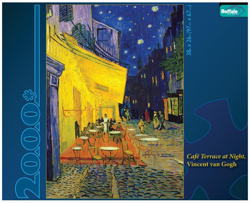 Vincent van Gogh's Cafe Terrace at Night painting depicting a glowing yellow cafe on a cobblestone street.