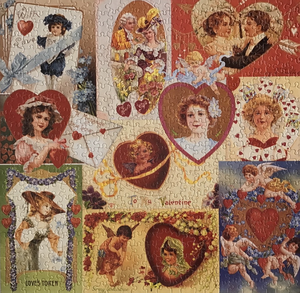 A collage of vintage Valentine's Day greeting cards featuring cherubs, romantic couples, and hearts.