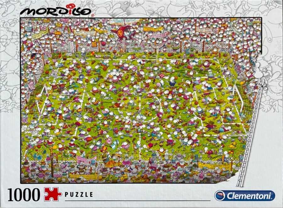 Cartoon illustration of a chaotic, crowded soccer match featuring small round characters on a green pitch.