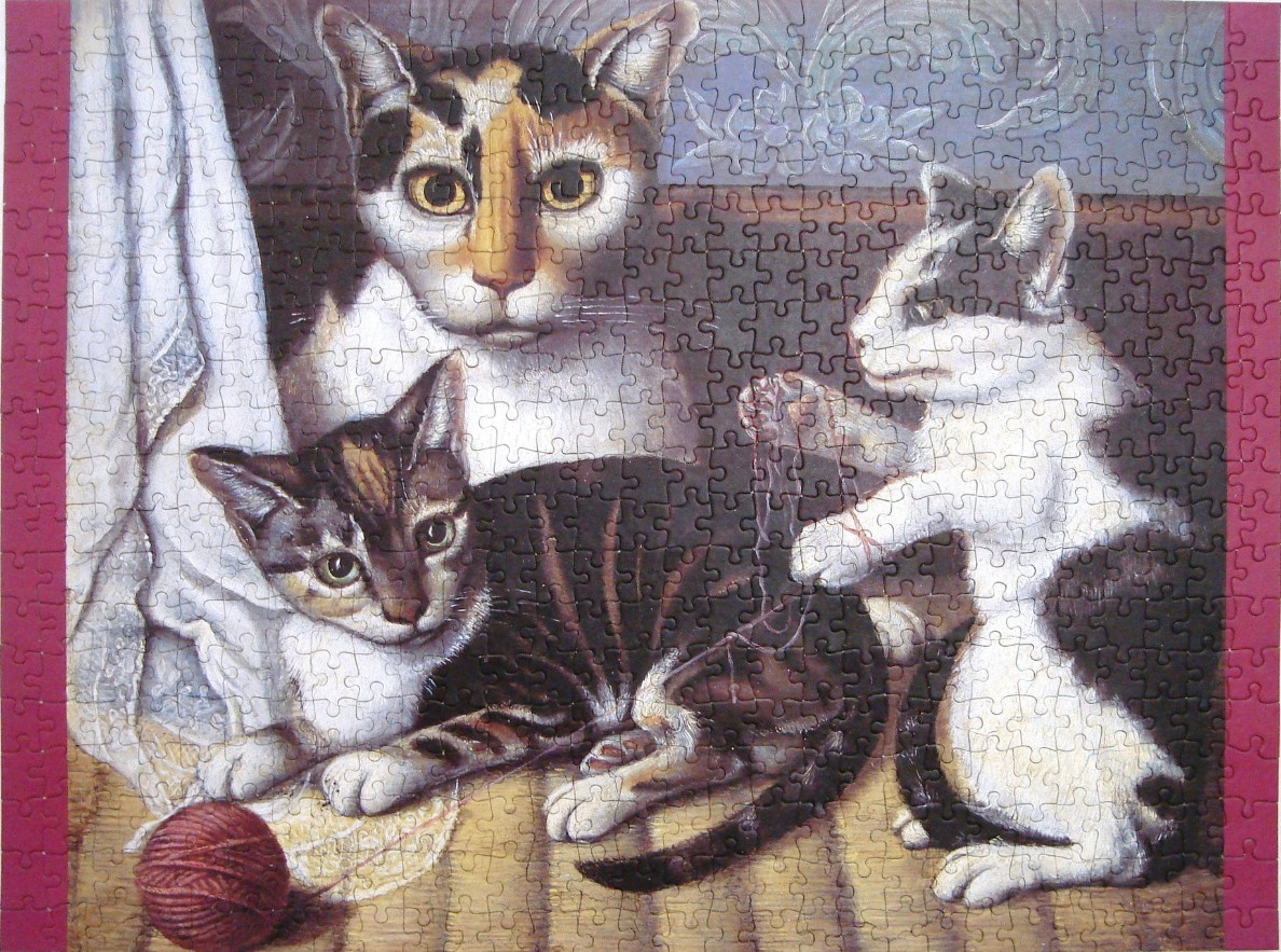 An oil painting of three cats interacting with yarn against a blue, textured background.