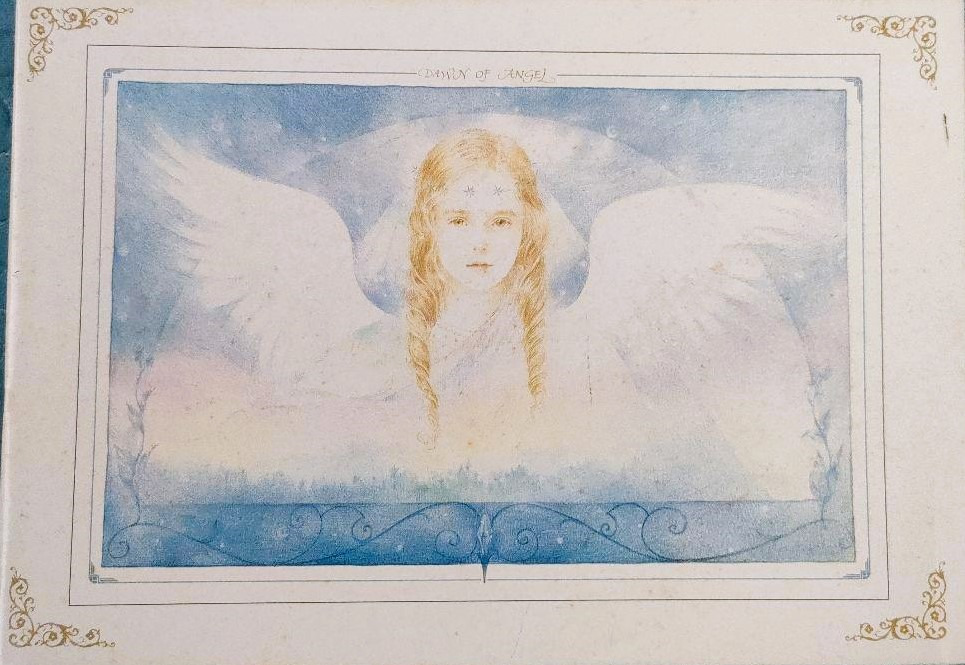 An ethereal illustration of an angel with long blonde braids against a soft blue and white background.
