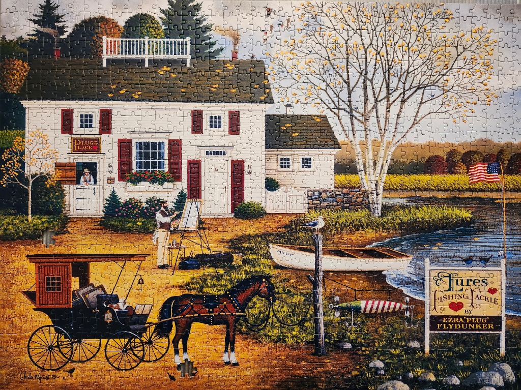 A peaceful lakeside scene featuring a white house with a horse-drawn carriage and a man painting on an easel.