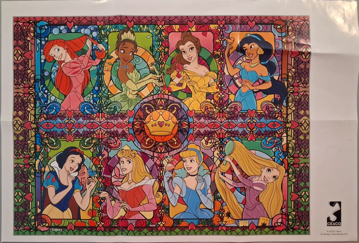 Stained glass illustration featuring eight iconic female fairytale characters.