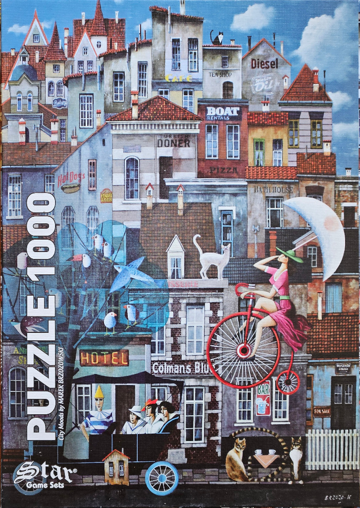 A whimsical illustration of a dense European-style city with a woman cycling in the air, a clown, and cats.