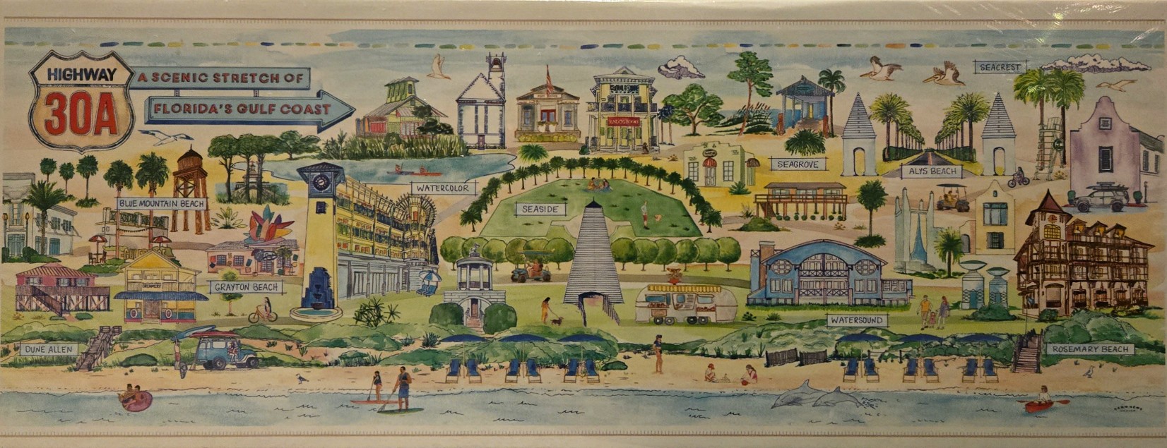 Watercolor panoramic illustration of Florida's Highway 30A coastal towns and beaches.