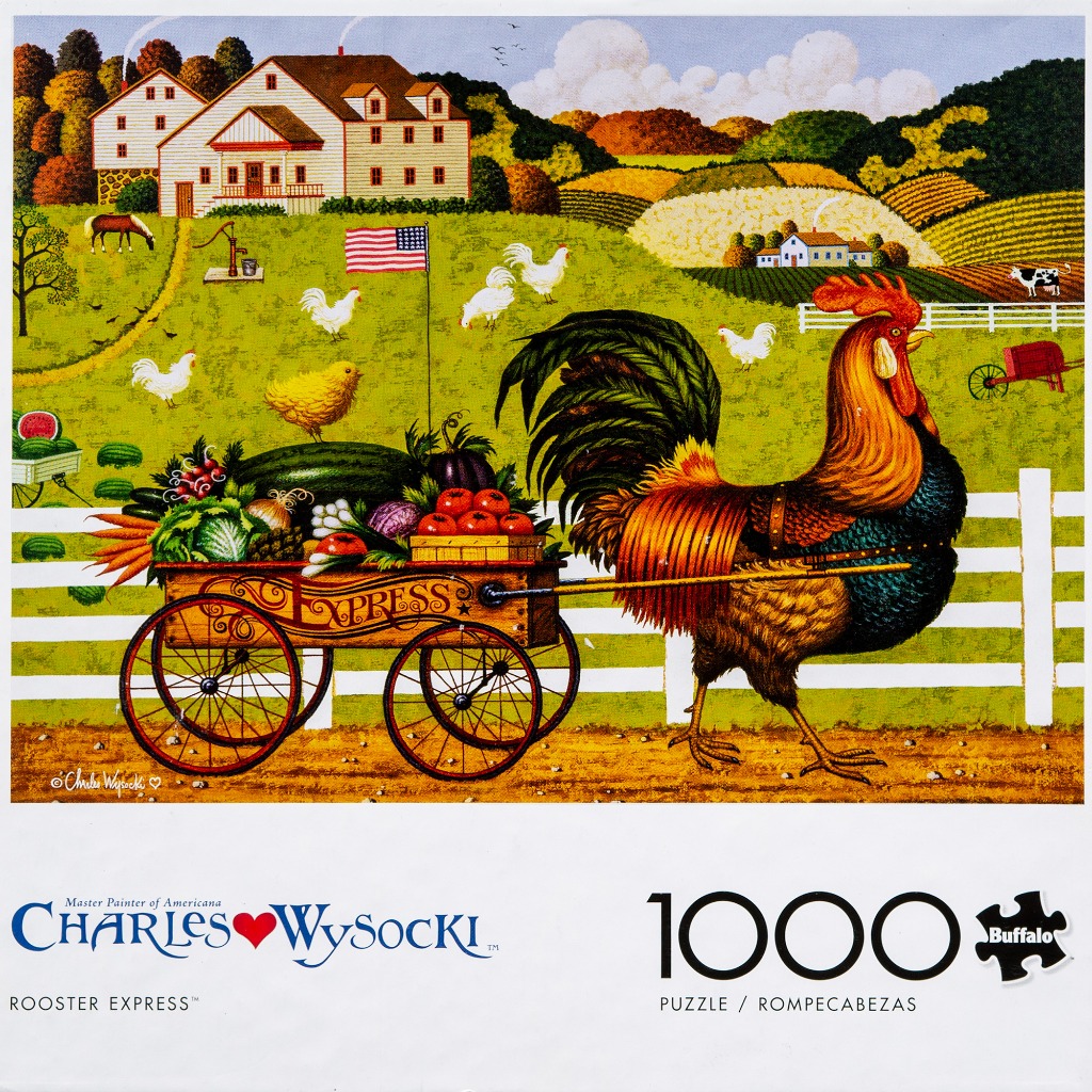 An illustration of a giant rooster pulling a wooden cart filled with vegetables through a rural farm landscape.