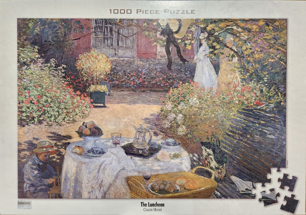 Impressionist oil painting of a garden luncheon featuring a table set in a lush outdoor setting with figures nearby.