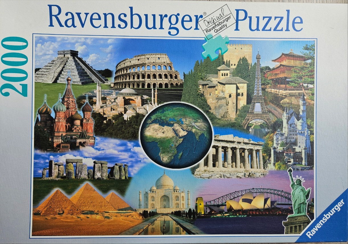 A collage of famous global landmarks surrounding a central globe illustration.
