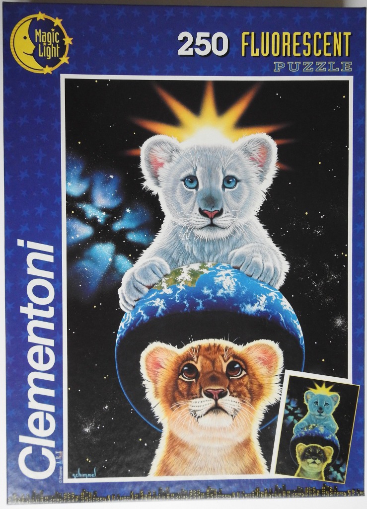 An illustration of a white lion cub resting on a globe above a golden lion cub, set against a dark starry background.