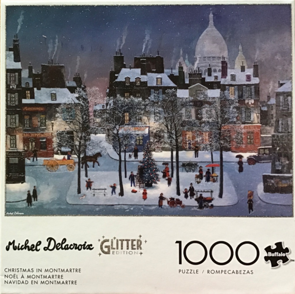 A nostalgic painting of a snowy Christmas scene in Montmartre with the Sacre-Coeur in the background.