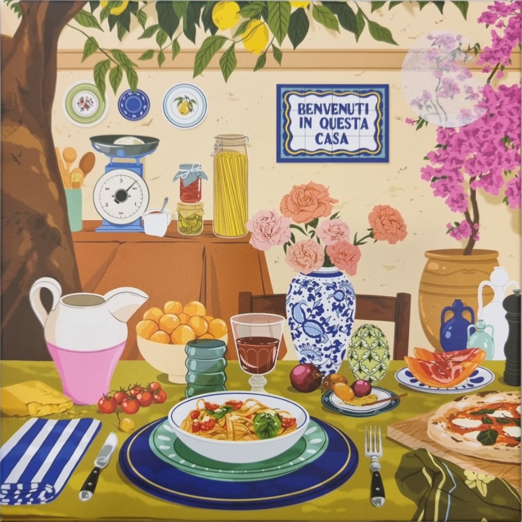 A warm, illustrated Italian kitchen scene featuring a table set with pasta, pizza, and wine beneath a lemon tree.