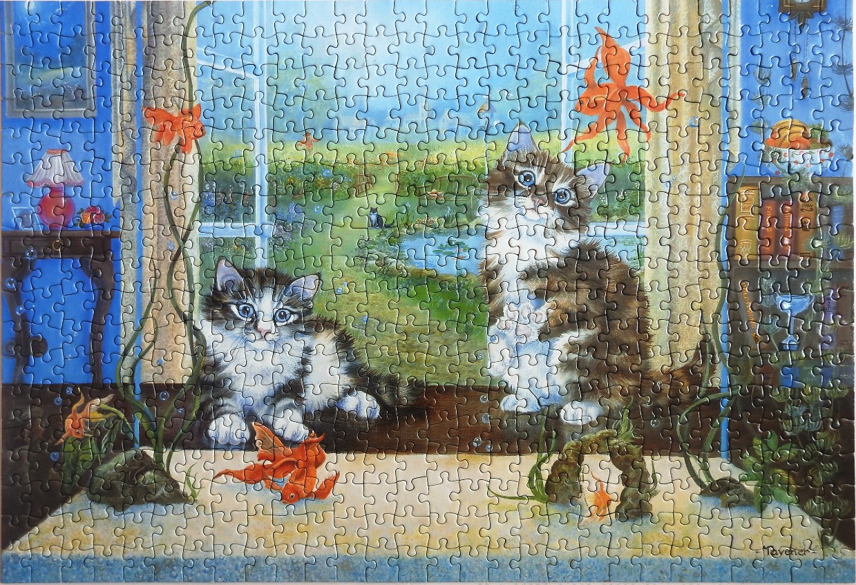 Two fluffy tabby kittens watching goldfish in a room with a large window overlooking a pond.