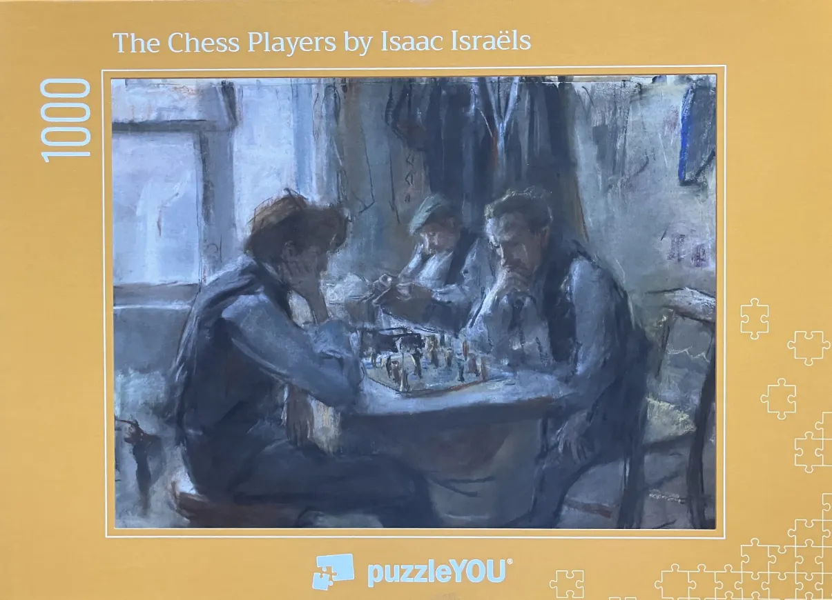 Impressionist painting of three men concentrated on a game of chess in a dimly lit room.