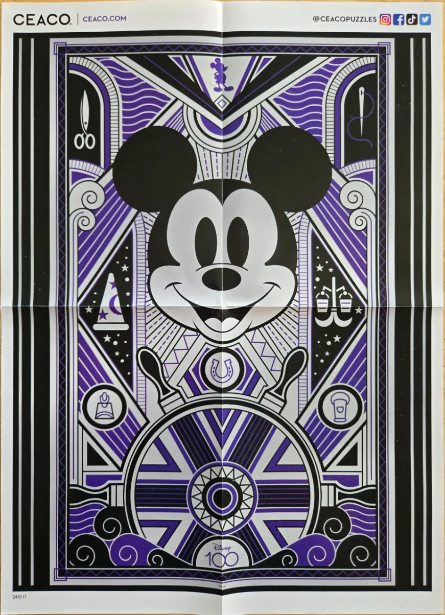 Stylized art deco graphic of Mickey Mouse head surrounded by icons in a black, white, and purple geometric frame.