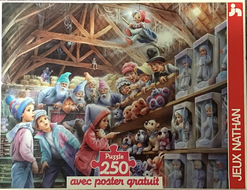 Children looking at gnomes and toys in a dusty attic