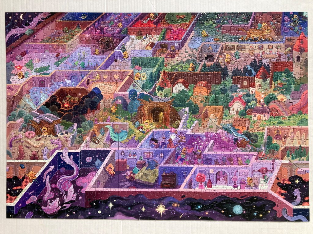 Whimsical, colorful cityscape with fantastical creatures and starry sky.