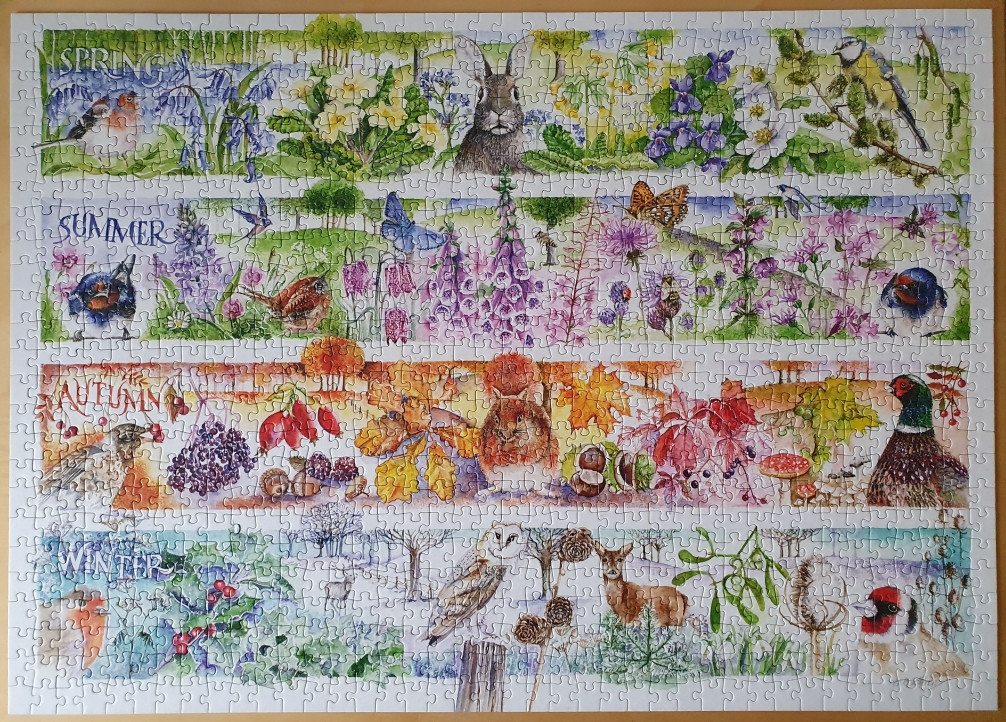 An illustration divided into four horizontal panels representing the four seasons with various wildlife and plants.