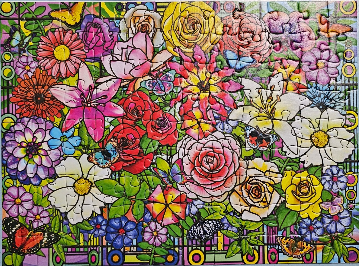 A vibrant, stained-glass style illustration of a lush floral garden filled with diverse flowers and colorful butterflies.