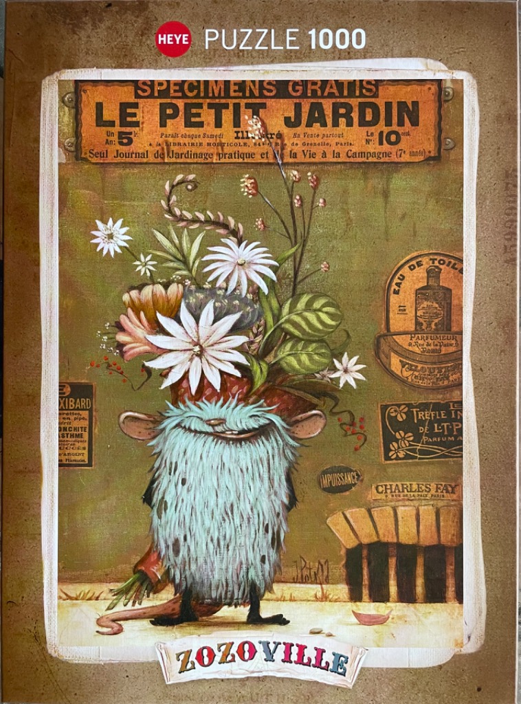 A whimsical creature with blue fur and a bouquet of flowers growing out of its head, set against a vintage collage background