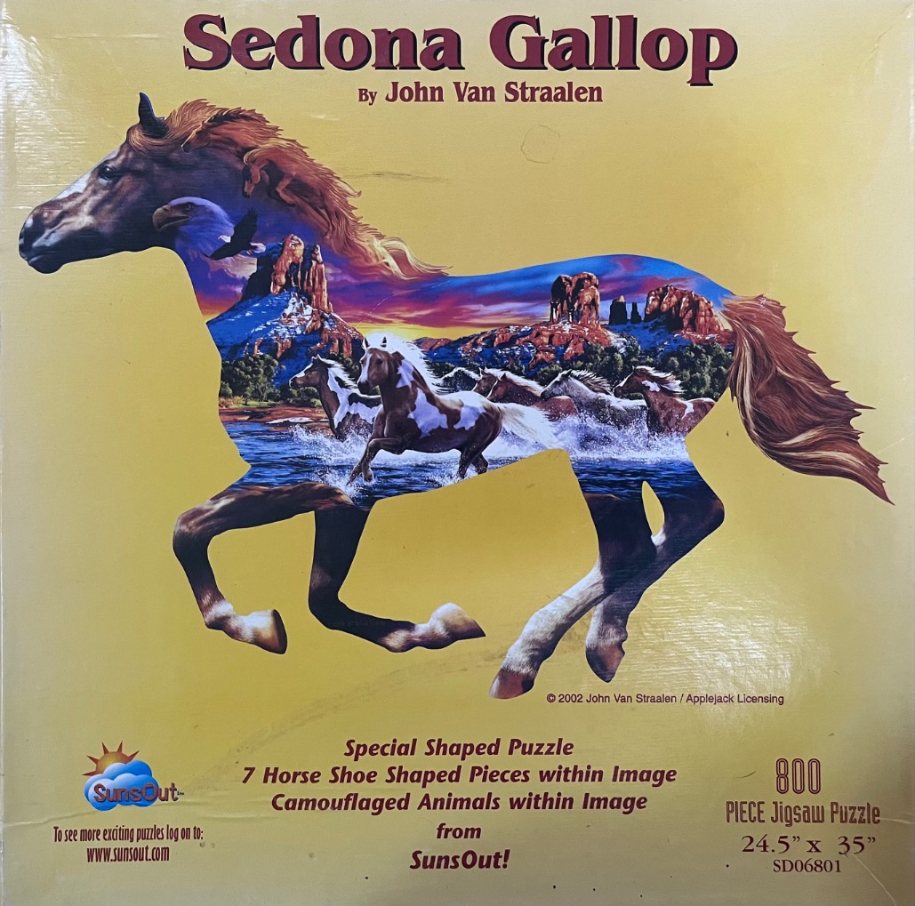A double exposure artwork of a horse silhouette filled with a landscape of wild horses running through a Sedona river.