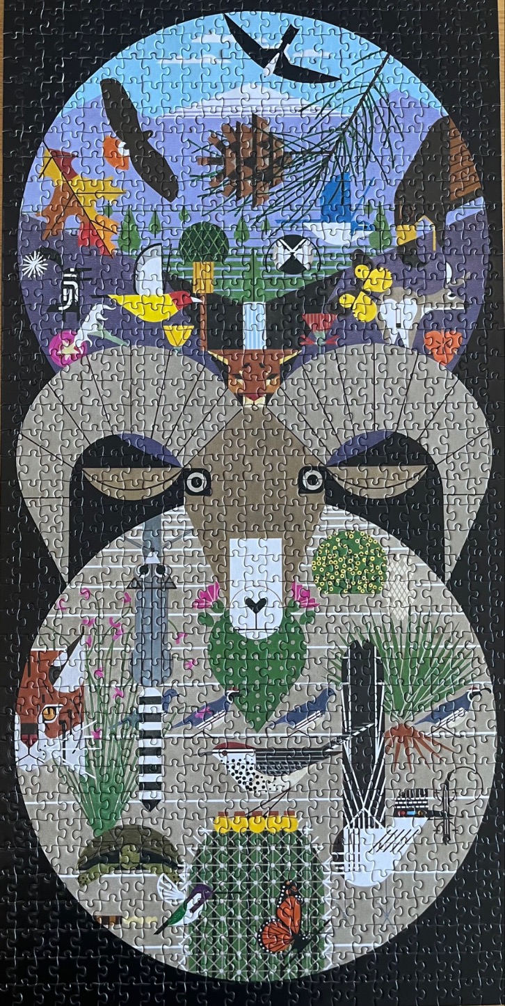 A stylized illustration of a bighorn sheep whose large horns frame a landscape filled with desert flora and fauna.