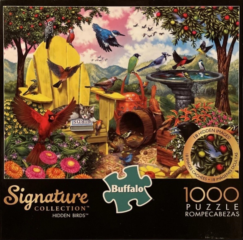 A sunny garden scene with many colorful birds, a yellow Adirondack chair, a birdbath, and a resting tabby cat.
