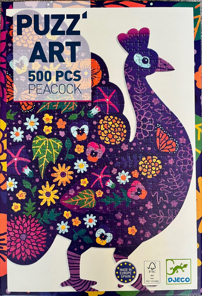 A stylized illustration of a peacock filled with vibrant floral patterns against a cream background.