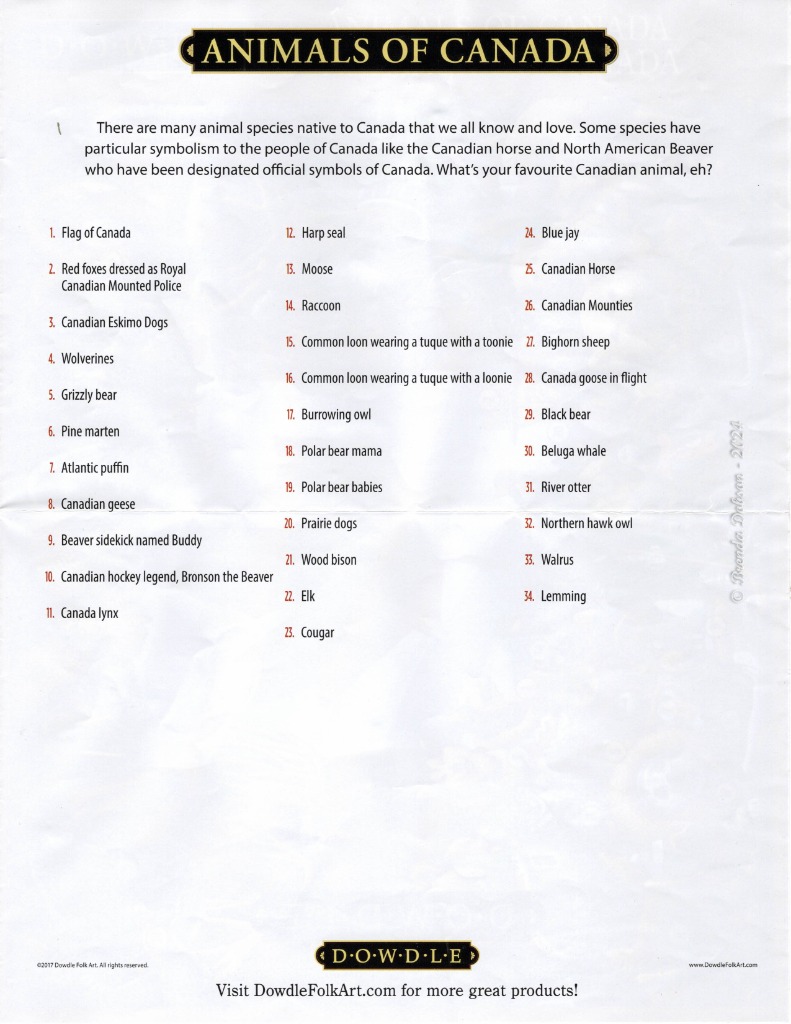A checklist titled Animals of Canada listing 34 numbered items representing Canadian wildlife and cultural symbols.