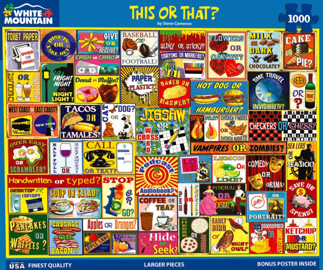 A collage of retro-style signs posing various "this or that" trivia questions and choices.