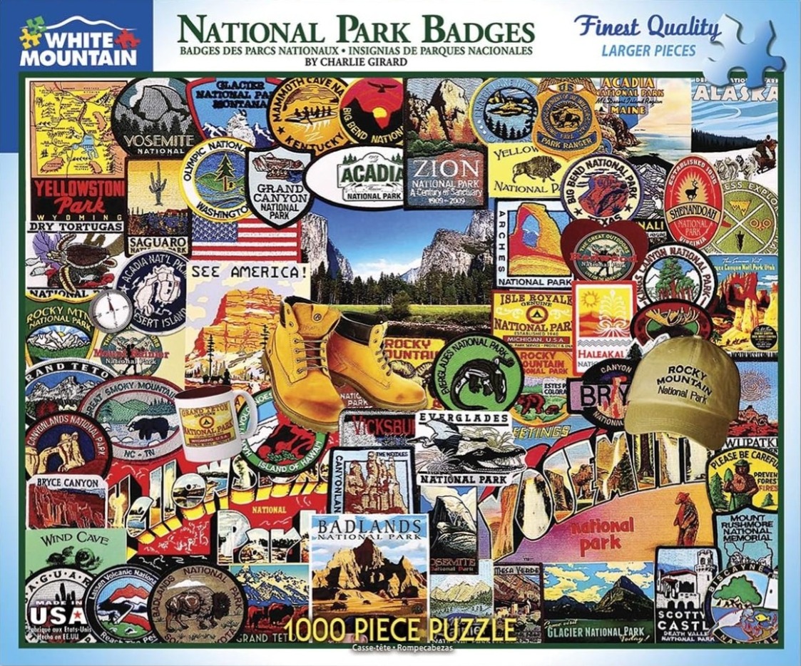 A collage of various National Park patches, emblems, and memorabilia featuring hiking gear.