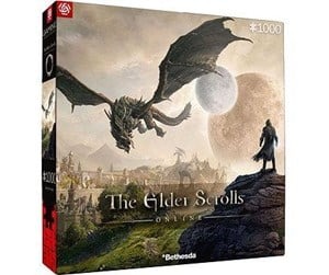 A fantasy illustration of a large dragon flying over a city, watched by a hooded figure on a cliffside.